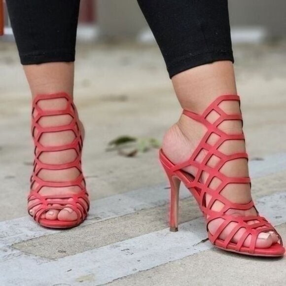 Women's Slingback Stiletto Sandal Peep Toe Hollow Red Color - Picture 3 of 5